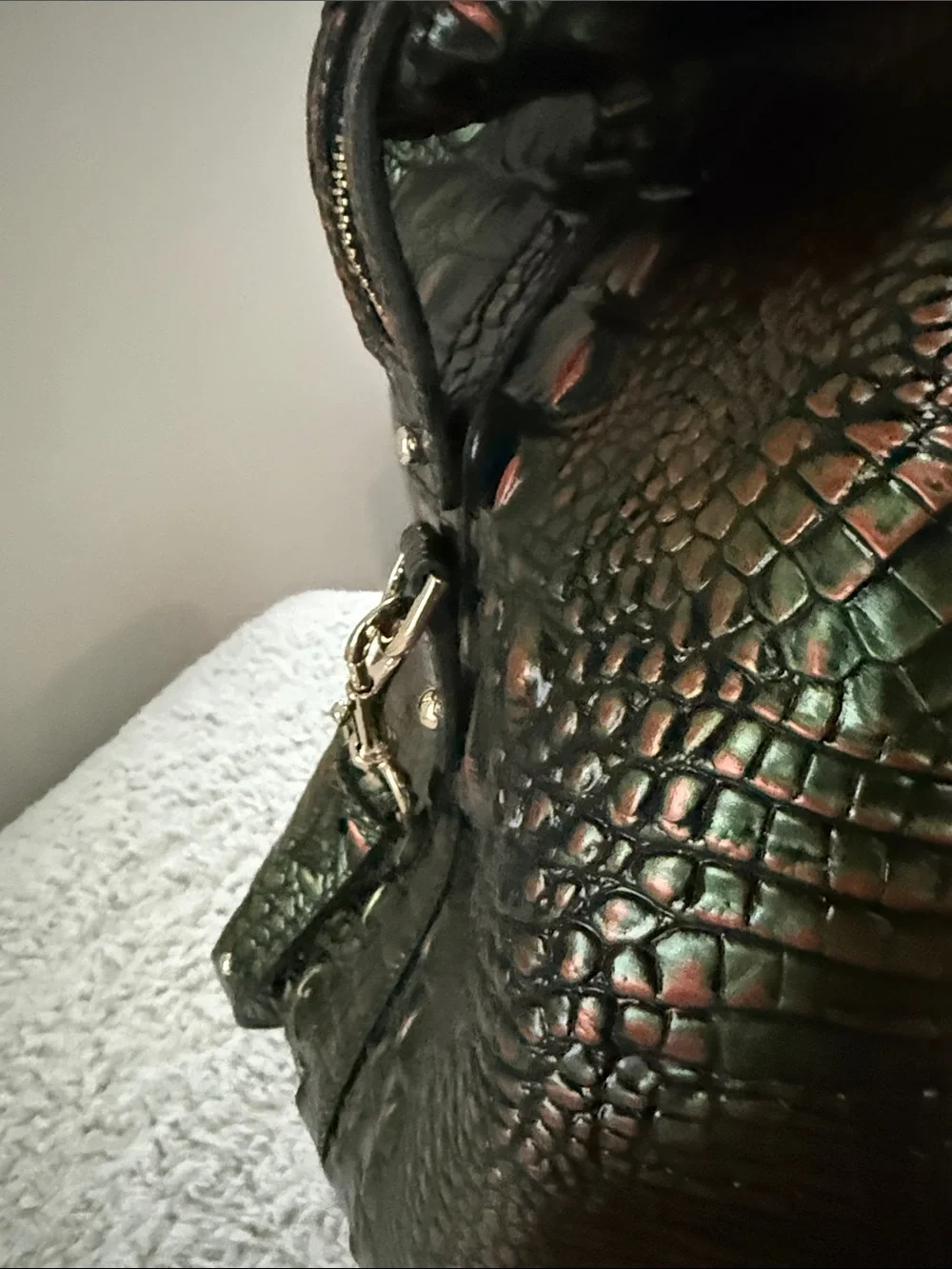 Brahmin Iridescent Green Croc-Embossed Satchel with Copper Highlights